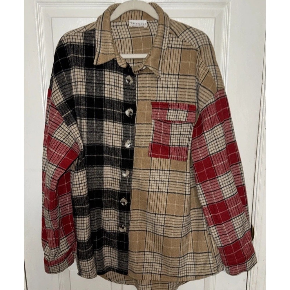 First Love by Lovelyn 1X Multicolor Contrasting Plaid Jacket Shacket Button
